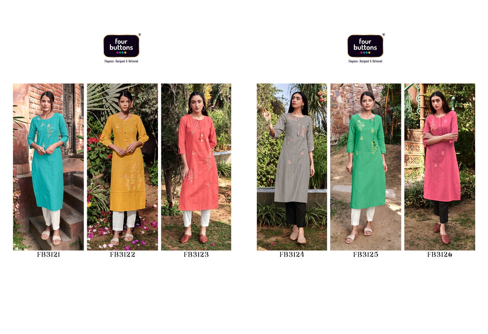 Four Buttons Tarz Fb3121-Fb3126 Wholesale Cotton Kurtis Catalog